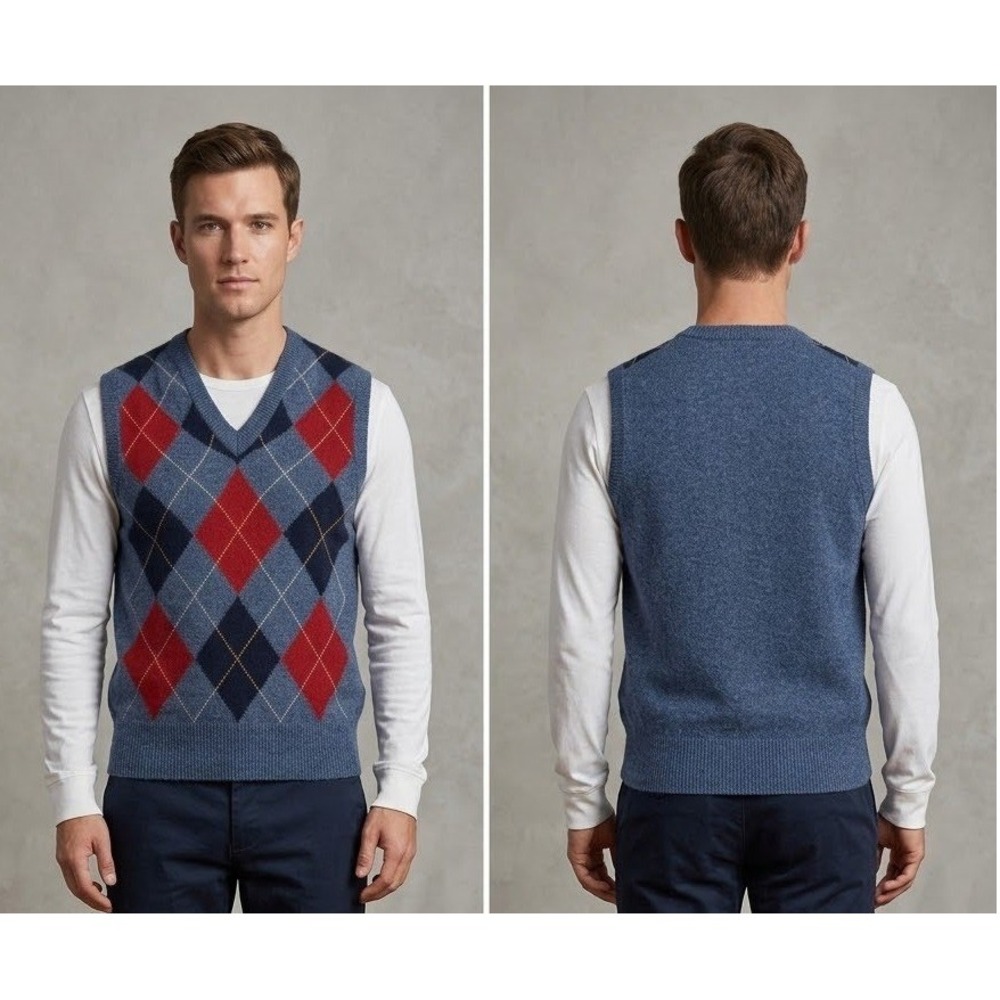 Cambridge Mens Vintage 100% Lambswool Argyle V-Neck Sweater Vest Size M